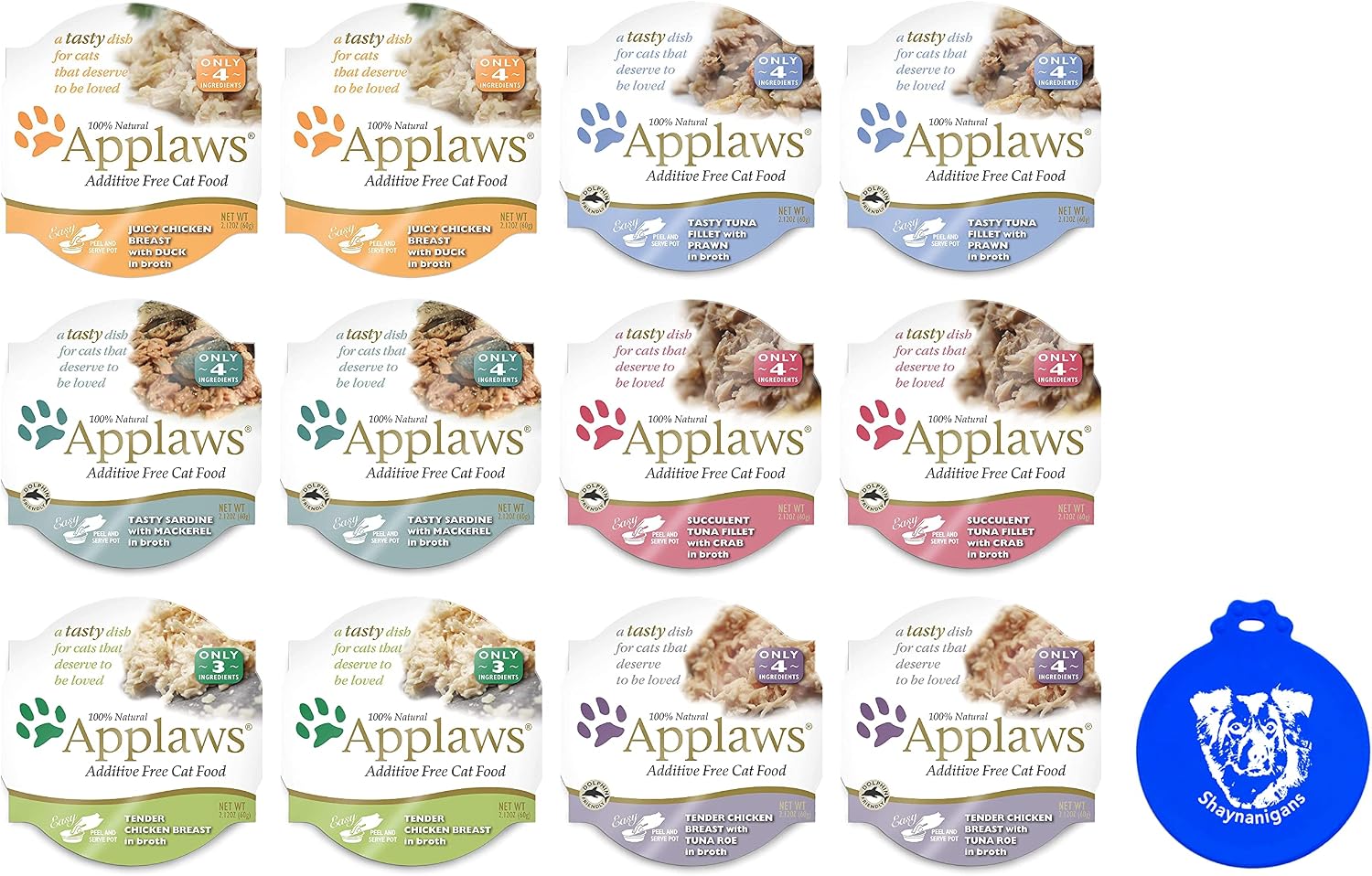 Applaws Peel and Serve Cat Food in Broth 6 Flavor Variety Bundle (2.12 Ounces Each, 12 Pots Total) Plus Silicone Lid - 13 Items Total