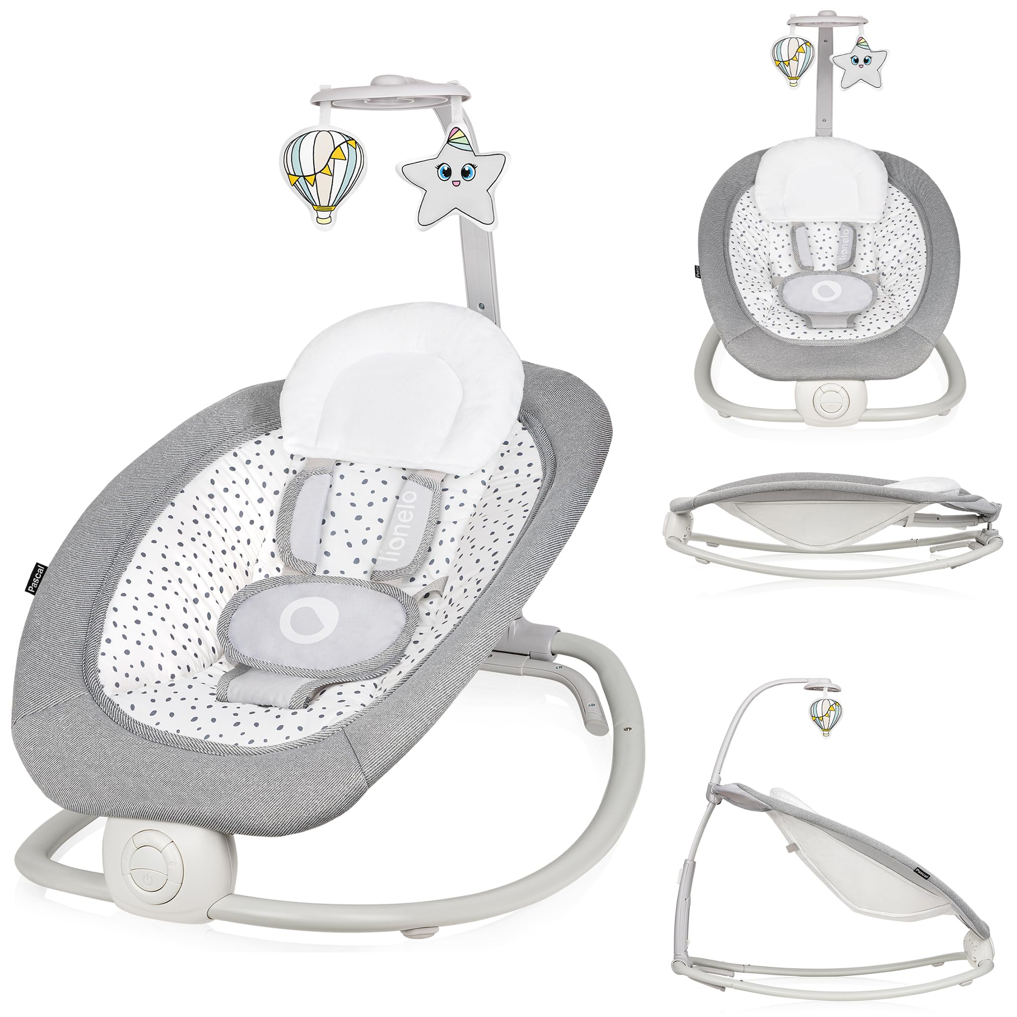 LIONELO Pascal Baby Wippe, sanfte Vibrationen, 5 Melodien, Spielzeugkarussell mit interaktiven Plüschtieren, Kopfkissen, verstellbare Rückenlehne, Energiesparsystem