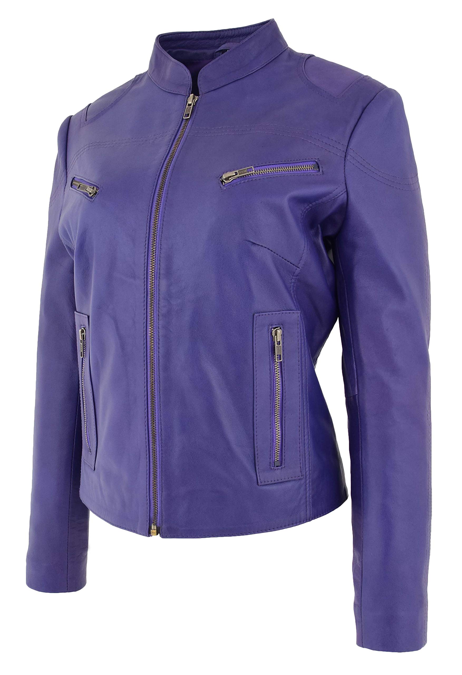 DR200 - Giacca classica da donna, in pelle, colore: Viola