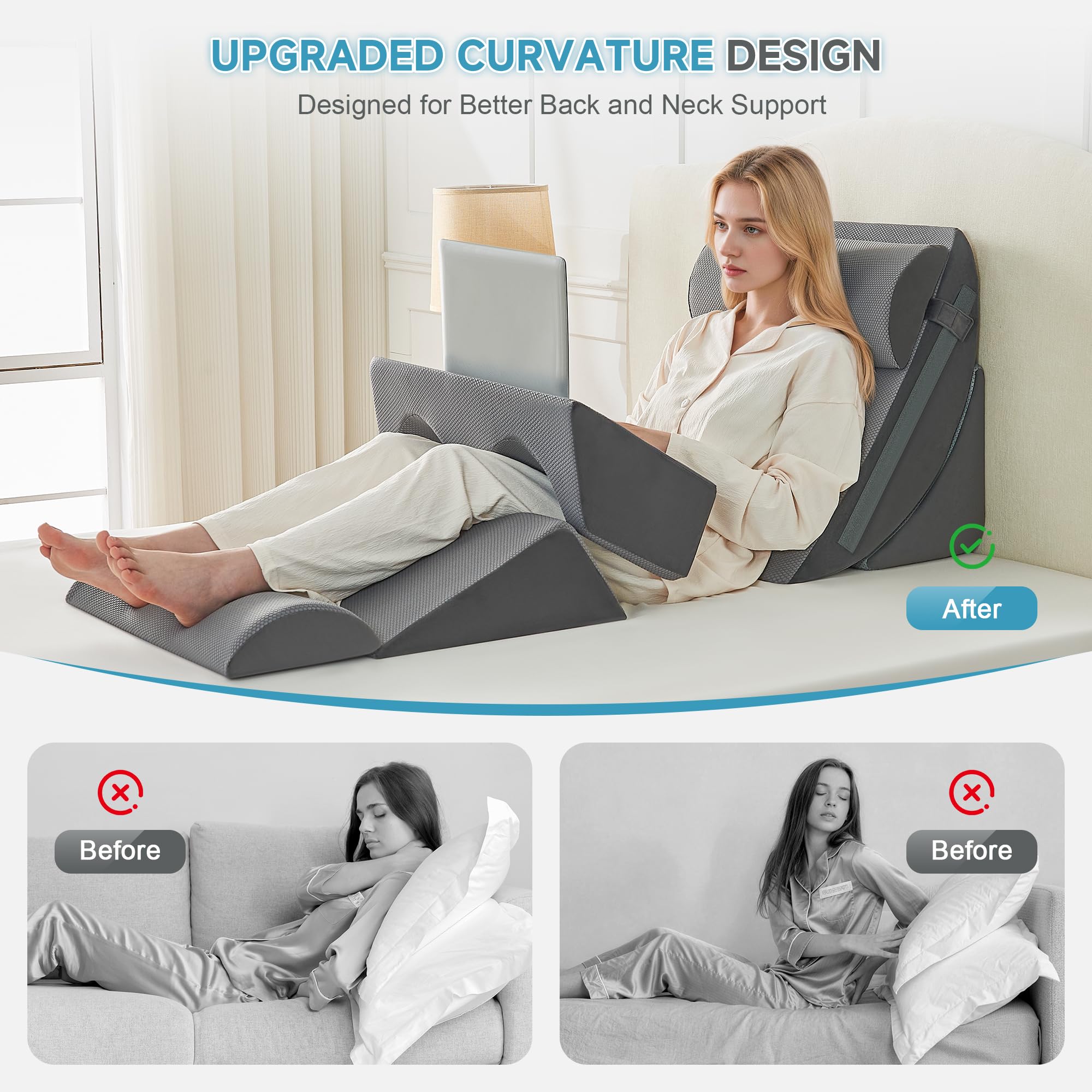 Ensemble d'oreillers 6 pièces, mousse de mémoire pour le sommeil, oreillers ergonomiques réglables, lit confortable et oreillers de canapé pour la lecture, la télévision et la détente, sombre