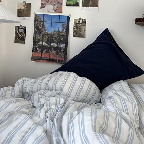 Miniatura 6 de MKXI Juego de funda de edredón de tamaño individual, 100% algodón lavado, ropa de cama a rayas azules y blancas, suave y transpirable, juego de 3