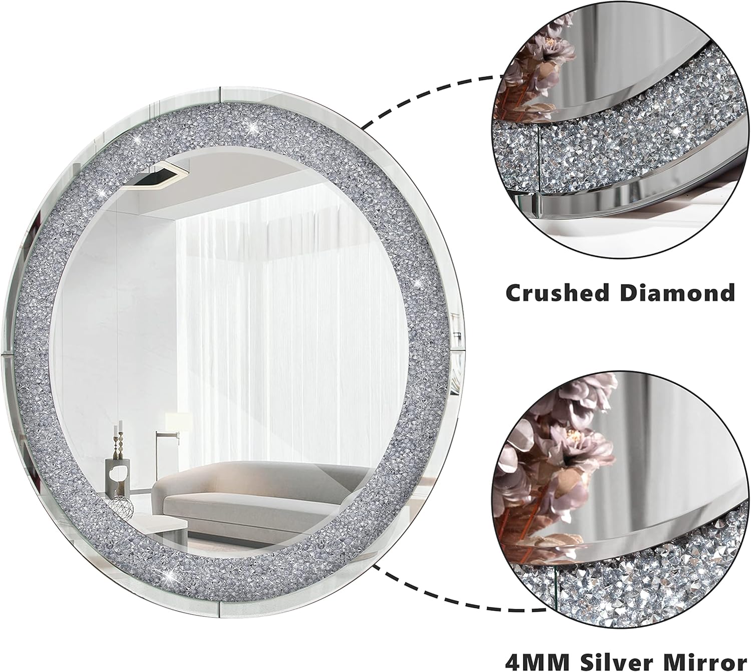 SHYFOY 32" Round Large Wall Mirror for Living Room Wall Decor- Diamond Decorative Mirrors Crystal Silver Wall Decor, Modern Home Decor