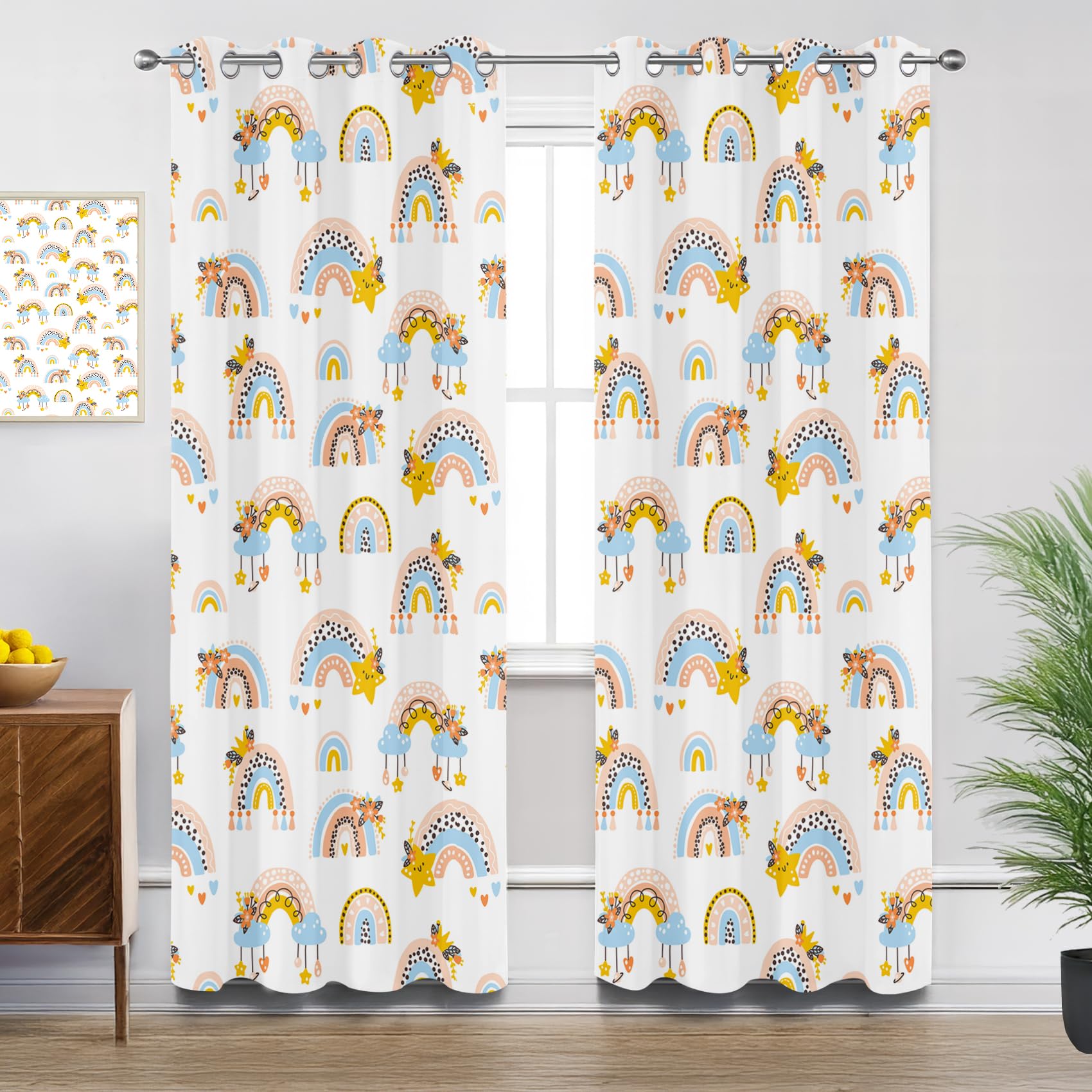Rainbow Curtains for Living Room, Cartoon Cute Rainbow Stars Kids Nursery Blackout Curtains Thermal Insulated Extra Long Bedroom Curtain Eyelet, W90 X D108, 2 Panels Drapes Home Decorations