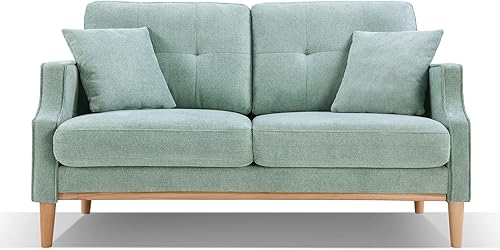 Sofá biplaza moderno de 57 pulgadas de mediados de siglo con 2 almohadas, sofá de tela para sala de estar con patas de madera maciza, sofá tapizado