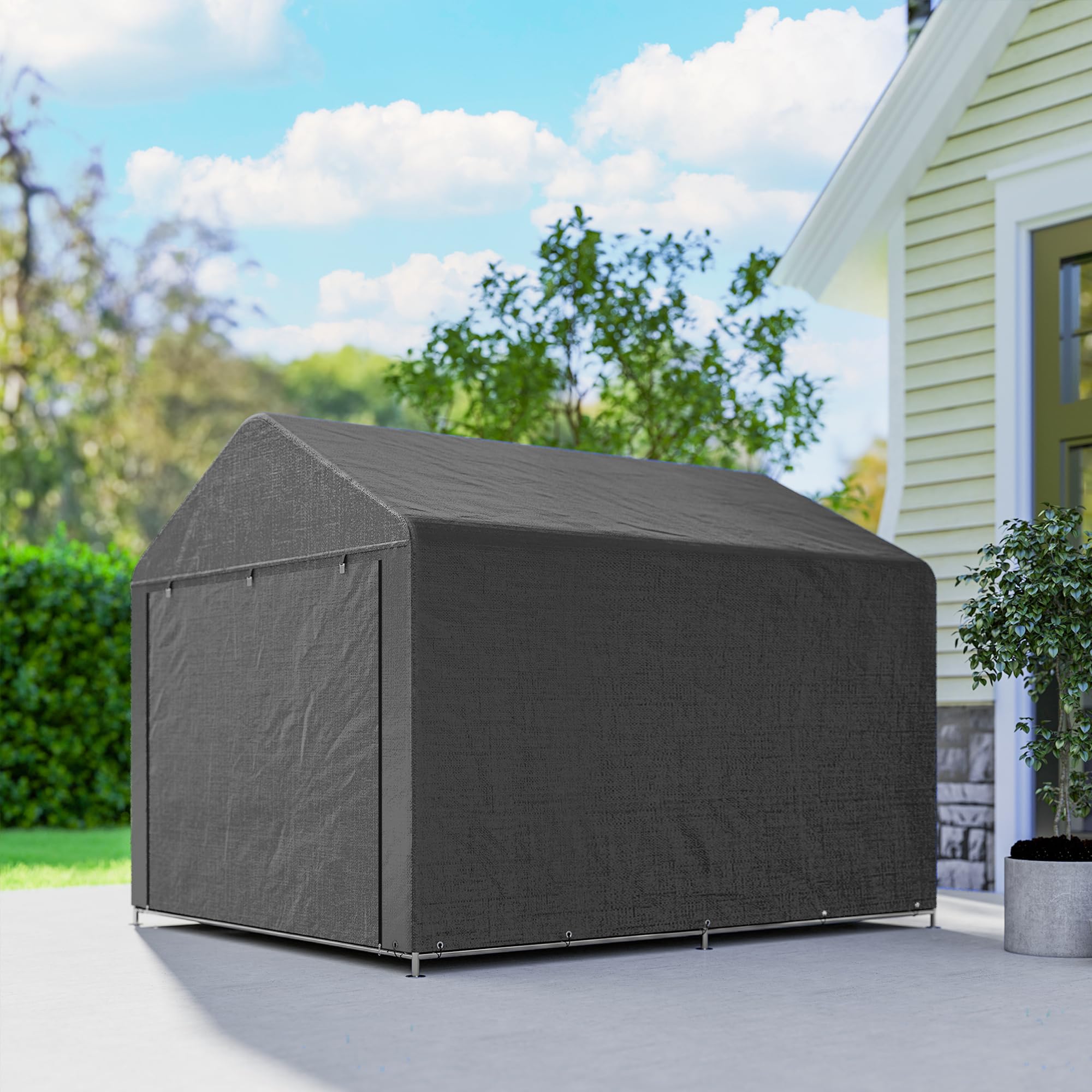 Outsunny 6.6x7.8ft Cobertizo jardín Impermeable Gris Oscuro | Tienda bici, puerta enrollable cremallera, marco metal galvanizado, cobertizo portátil para moto, herramientas