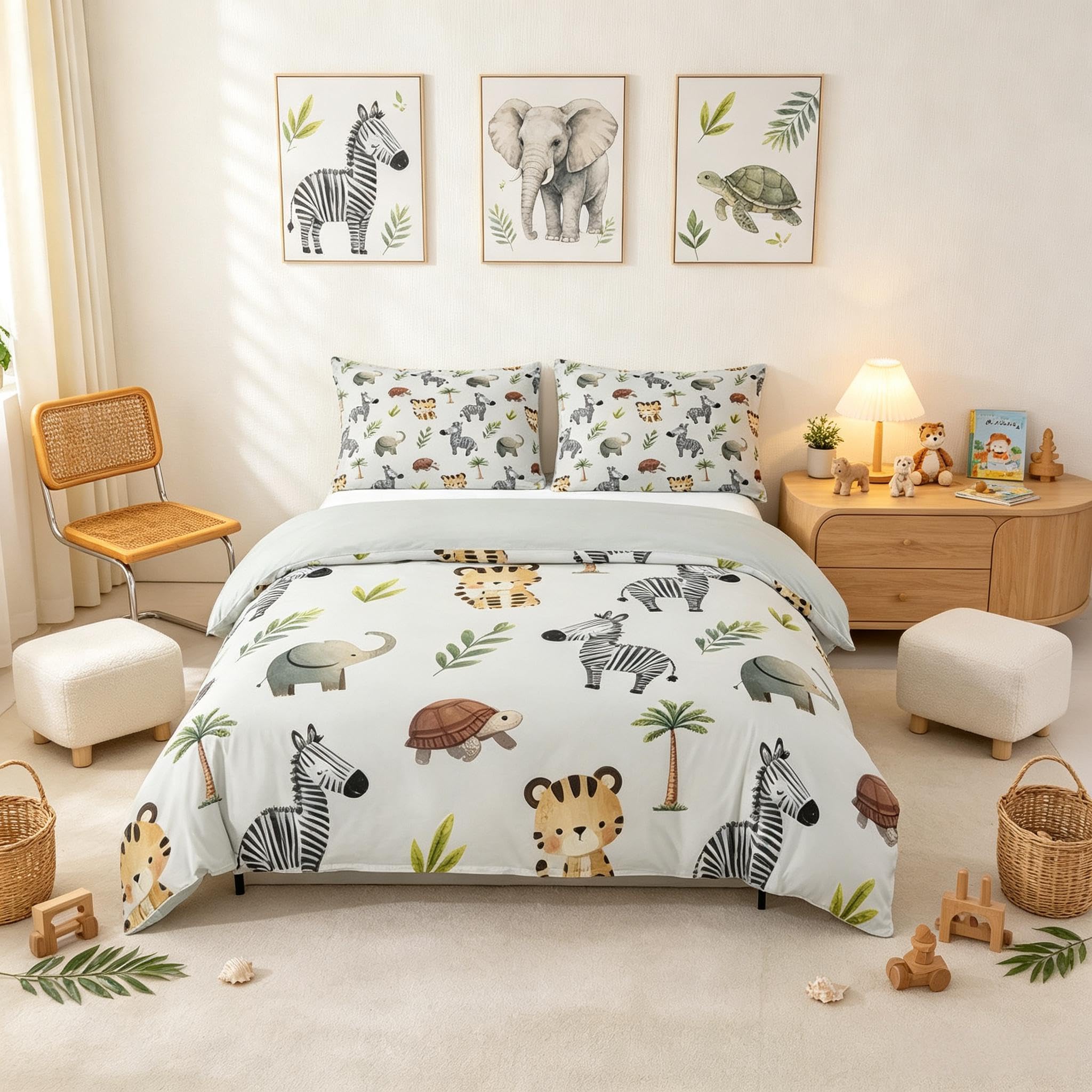 Loussiesd Cartoon Zebra Duvet Cover Double Size Boys Girls Tiger Bedding Set Breathable Soft Elephant Bedspread 3Pcs Watercolor Bedroom Decor Microfiber Zipper Closure