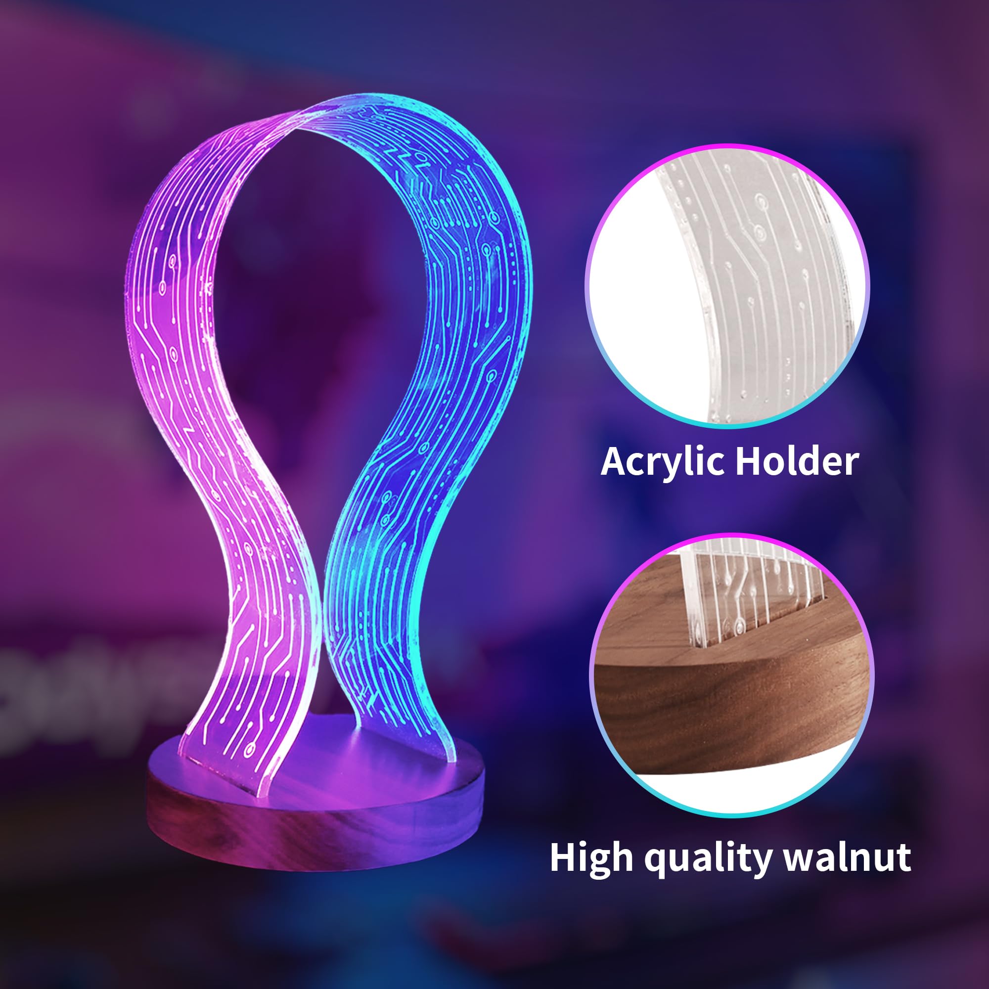 CoolGift Mart Regali per giocatori e amanti della musica, supporto per cuffie luminoso, supporto per cuffie in legno di noce con luce notturna a LED blu e rosa, accessorio da scrivania ideale