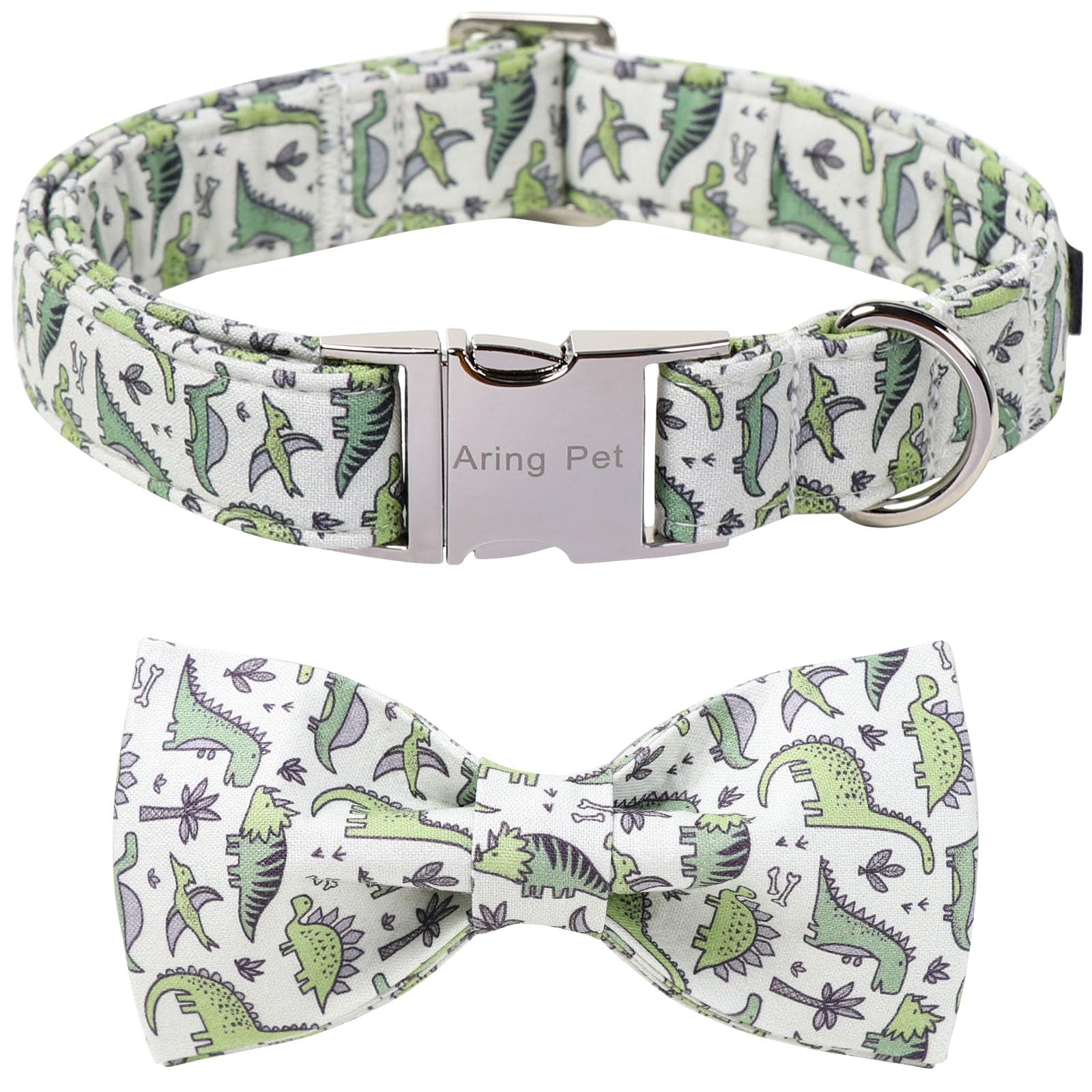 ARING PET Dog Collar with Bow, Cute Green Dinosaur Collar with Bow, Adjustable and Comfortable Cotton Collars for Boys & Girls Dogs — image 1