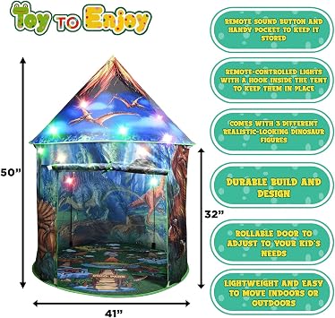 Dinosaur Pop Up Kids Play Tent by Toy to Enjoy - Perfect for Indoor & Outdoor. Dinosaur Camping Tent for Toddlers, Boys&Girls. Includes Remote Controlled Lights, Roar Sound Button & 3 Different Toys
