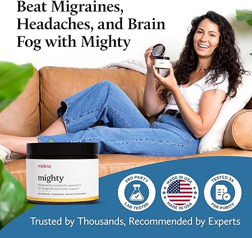 Miniatura 6 de Melina Mighty Suplemento natural para aliviar la migraña, magnesio, riboflavina B2 400 mg, matricaria, CoQ-10, ALCAR para fortalecer la migraña y la