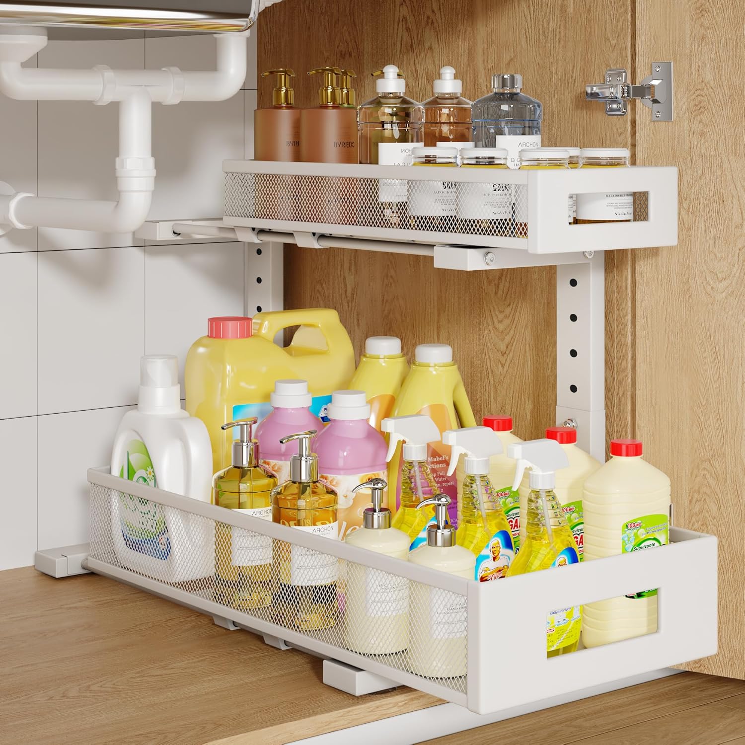 1 Pack 19IN Depth Under Sink Storage Organizer, Large 2-Tier Elegant Mesh Pull Out Shelf for Kitchen and Bathroom Cabinet Organization, L-Shaped and Adjustable Height Design-White 1 Pack-19"Dx11.4"-16.14"H White