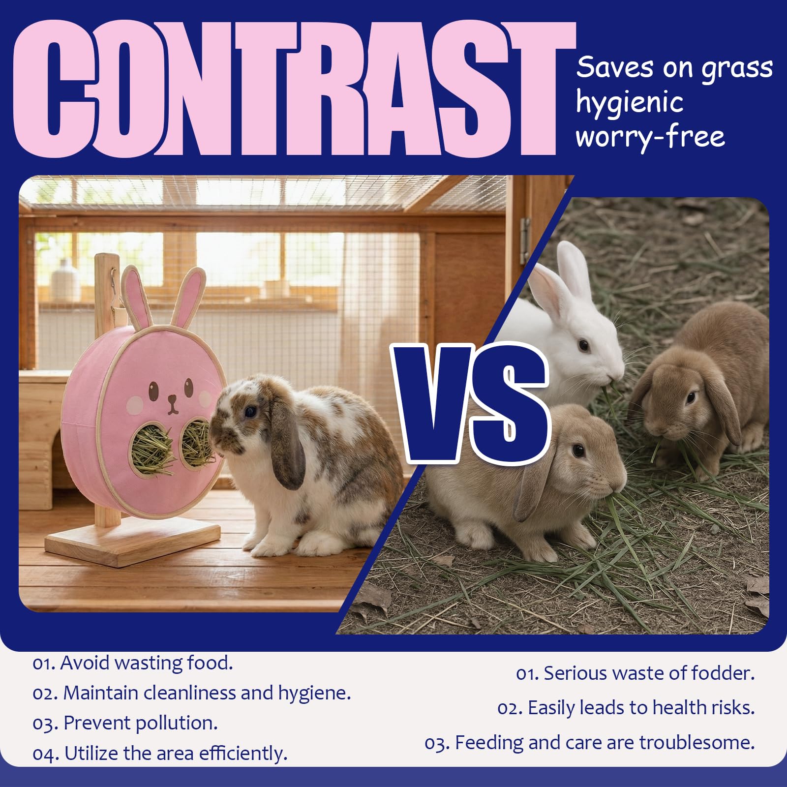 Colemumone Cute Bunny Face Rabbit Hay Feeder Bag, 2 Holes Hanging Hay Holder for Guinea Pig Cage, Durable Oxford Fabric Hay Dispenser for Chinchillas, Hamsters & Small Animals, Pink - image 6