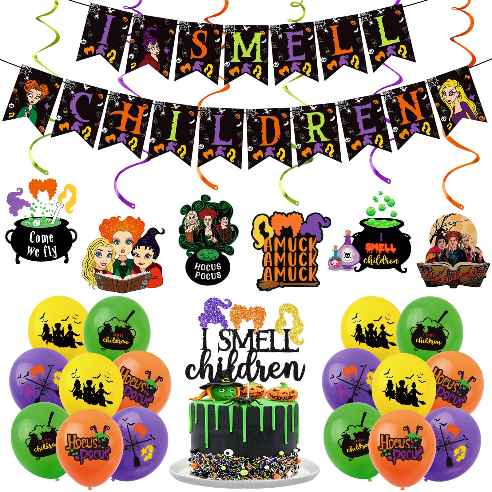 Hocus Pocus I Smell Children Banner and Hocus Pocus Hanging Swirls Balloons I Smell Children Cake Topper, I Smell Children Hocus Pocus Sign for Hocus Pocus Halloween I Smell Children Decorations