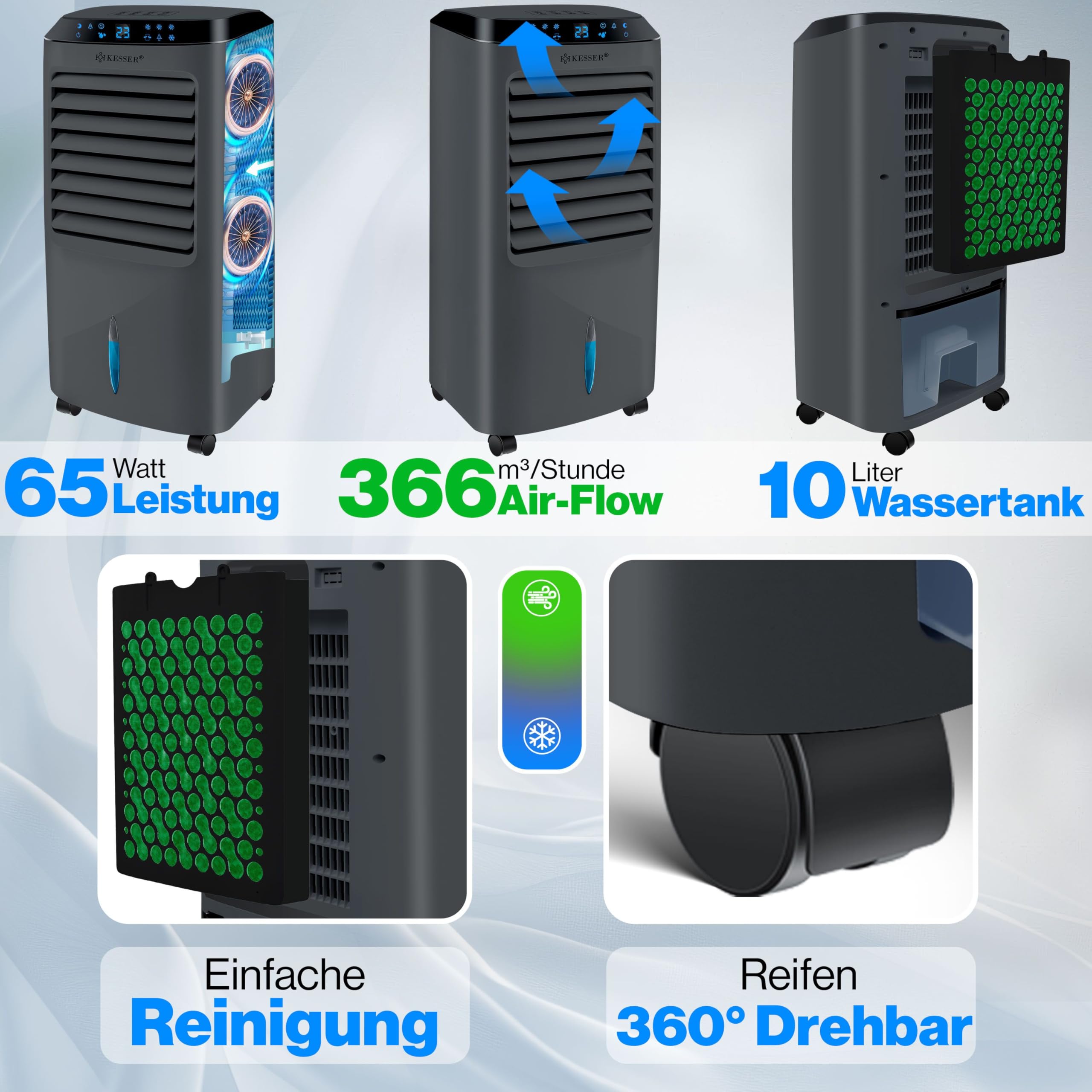 KESSER® Aire acondicionado portátil 4 en 1 – Air Cooler con mando a distancia y temporizador, depósito de agua de 10 litros, ionizador y humidificador, ventilador de aire acondicionado sin manguera de