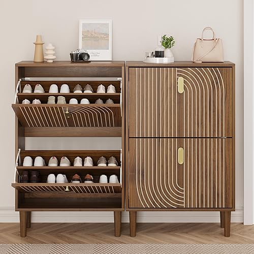 Miniatura 3 de Smuxee Armario de zapatos con 2 cajones abatibles, armario de almacenamiento oculto de nogal de 23.6 pulgadas con diseño de ranura de línea,