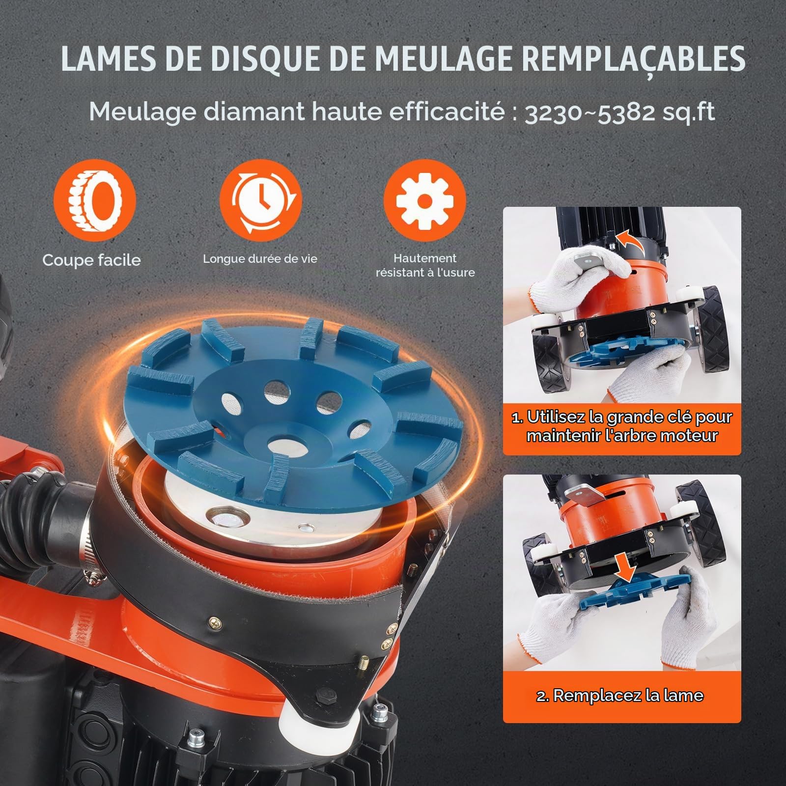 VEVOR Ponceuse électrique pour sol en béton 1500 W, surfaceuse de béton avec disque de ponçage de sol 180 mm, vitesse 1400 tr/min, moteur sans balais, meuleuse de surface pour granit, marbre, pierres