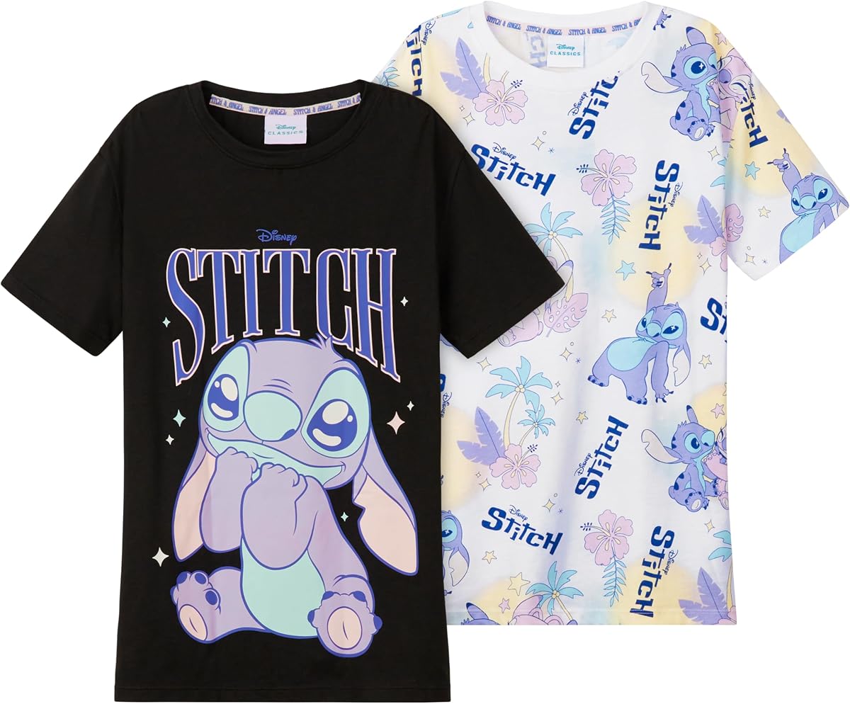 Disney Stitch Camisetas para Niñas Adolescentes Camisa de Manga Corta Cuello Redondo Paquete de 2 Camisetas Suaves y Transpirables Regalos para Niñas