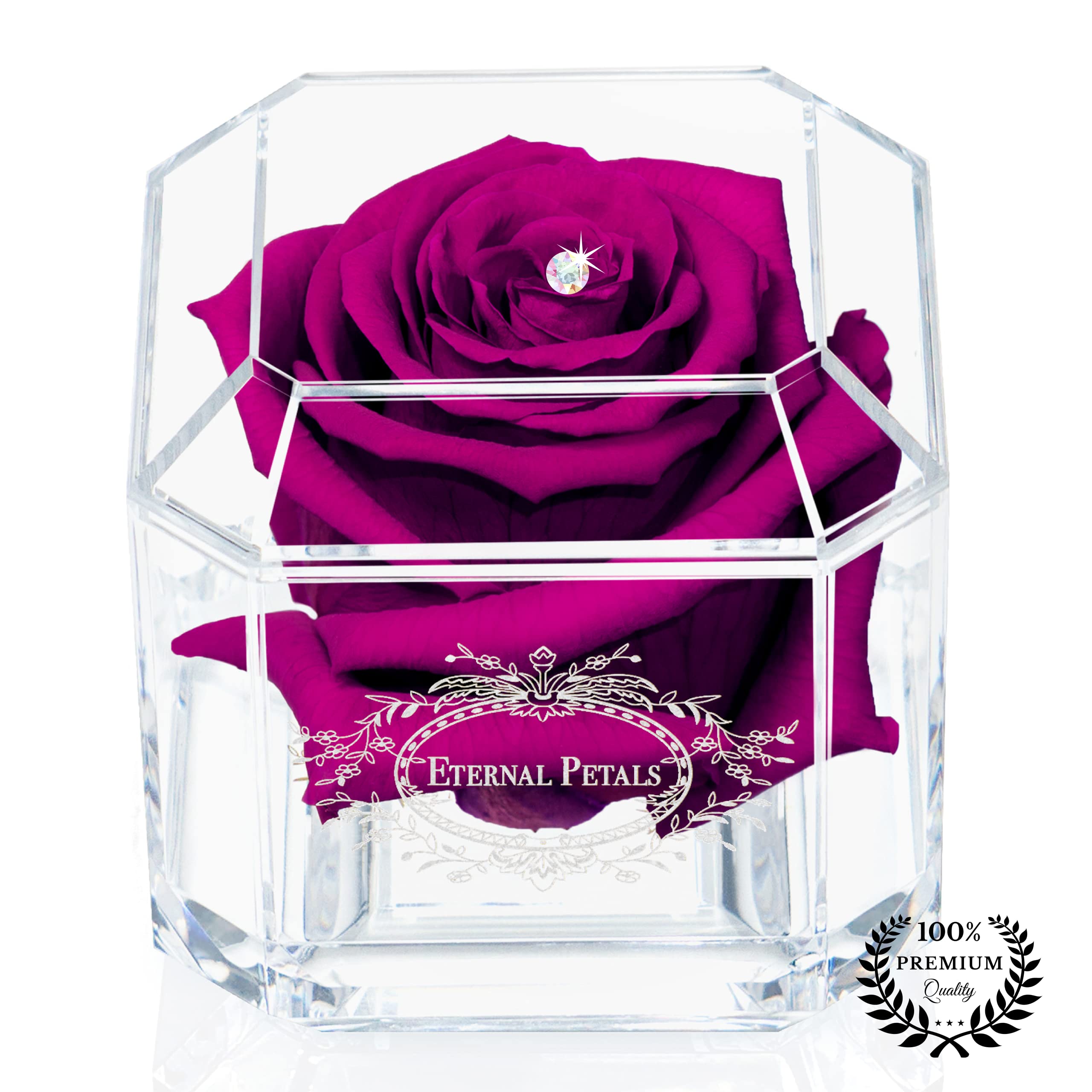 A 100% Real Rose That Lasts Years - Eternal Petals, Handmade in London - White Gold Solo with A Multicolor Crystal (Deep Red) — view 11