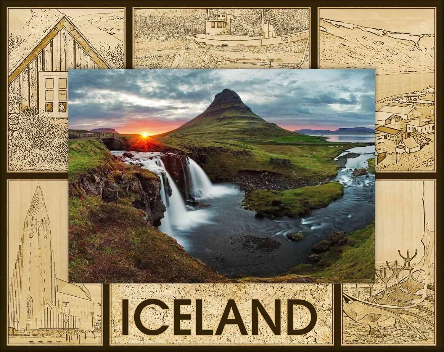 Saddle Mountain Souvenir Iceland Laser Engraved Wood Picture Frame Landscape (5 x 7)