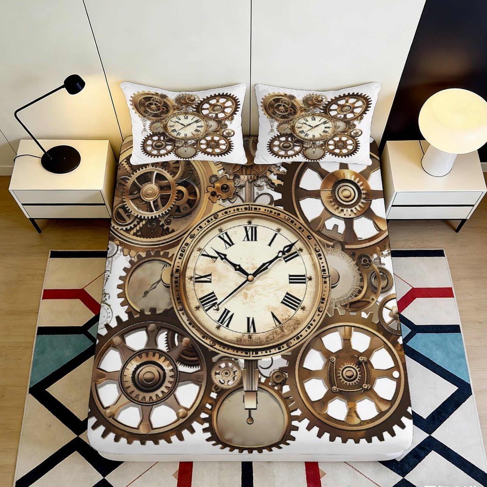3D Printed Steampunk Clockwork Fitted Sheet Microfiber Soft Breathable Gear Pattern Mattress Cover for Bedroom Dorm Decor 120x200x25cm
