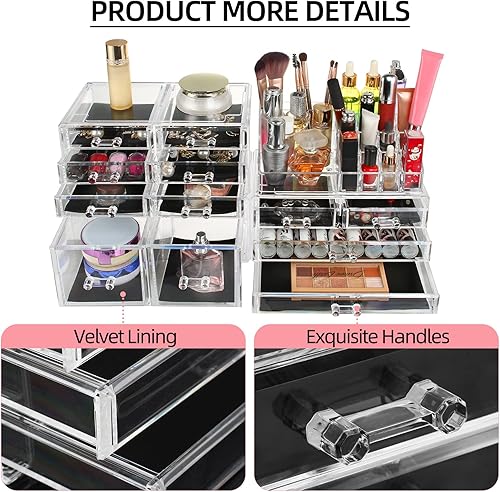 Miniatura 6 de display4top Organizadores de maquillaje acrílico, 4 vitrinas de cosméticos con 12 cajones para lápiz labial y joyas, gran tocador, tocador,