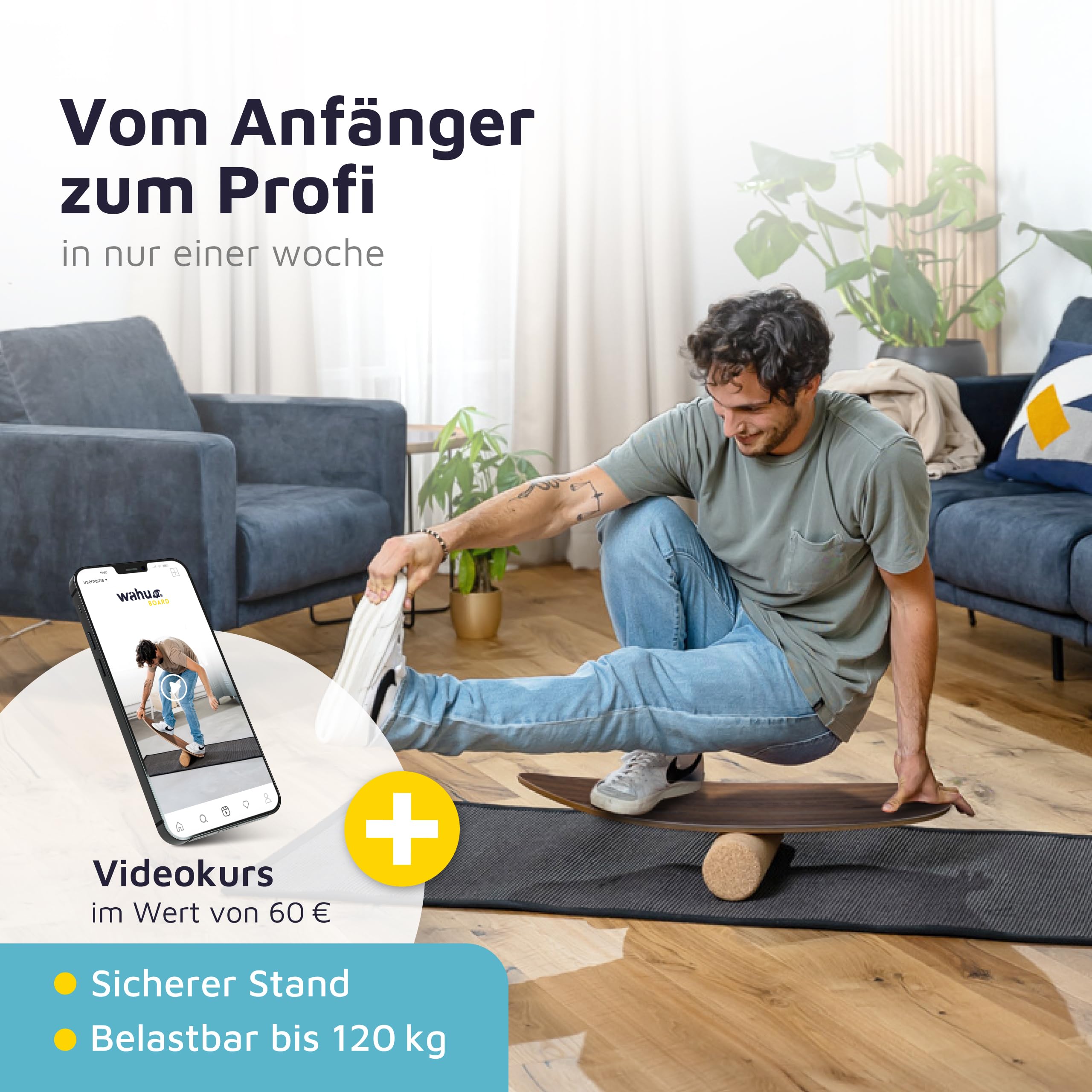 WAHU Balance Board - einzigartiges Board inkl. Halbkugel und Rocker Shape - Surf Balance Board - Gleichgewichtstraining für Kinder und Erwachsene - Board 100% Echtholz