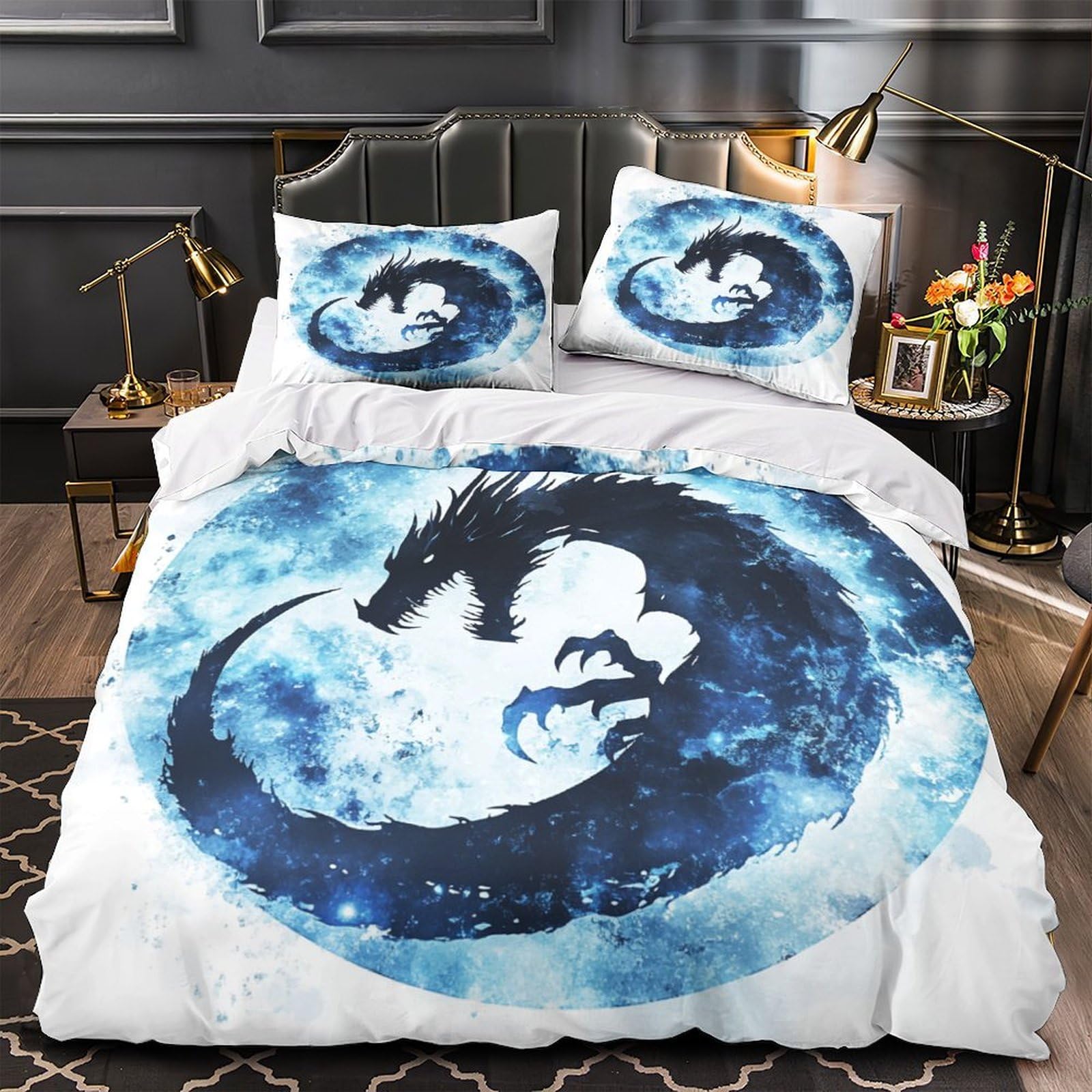 Housse de couette dragon 3D 200x200 cm avec 2 taies d'oreiller en microfibre pour lit double