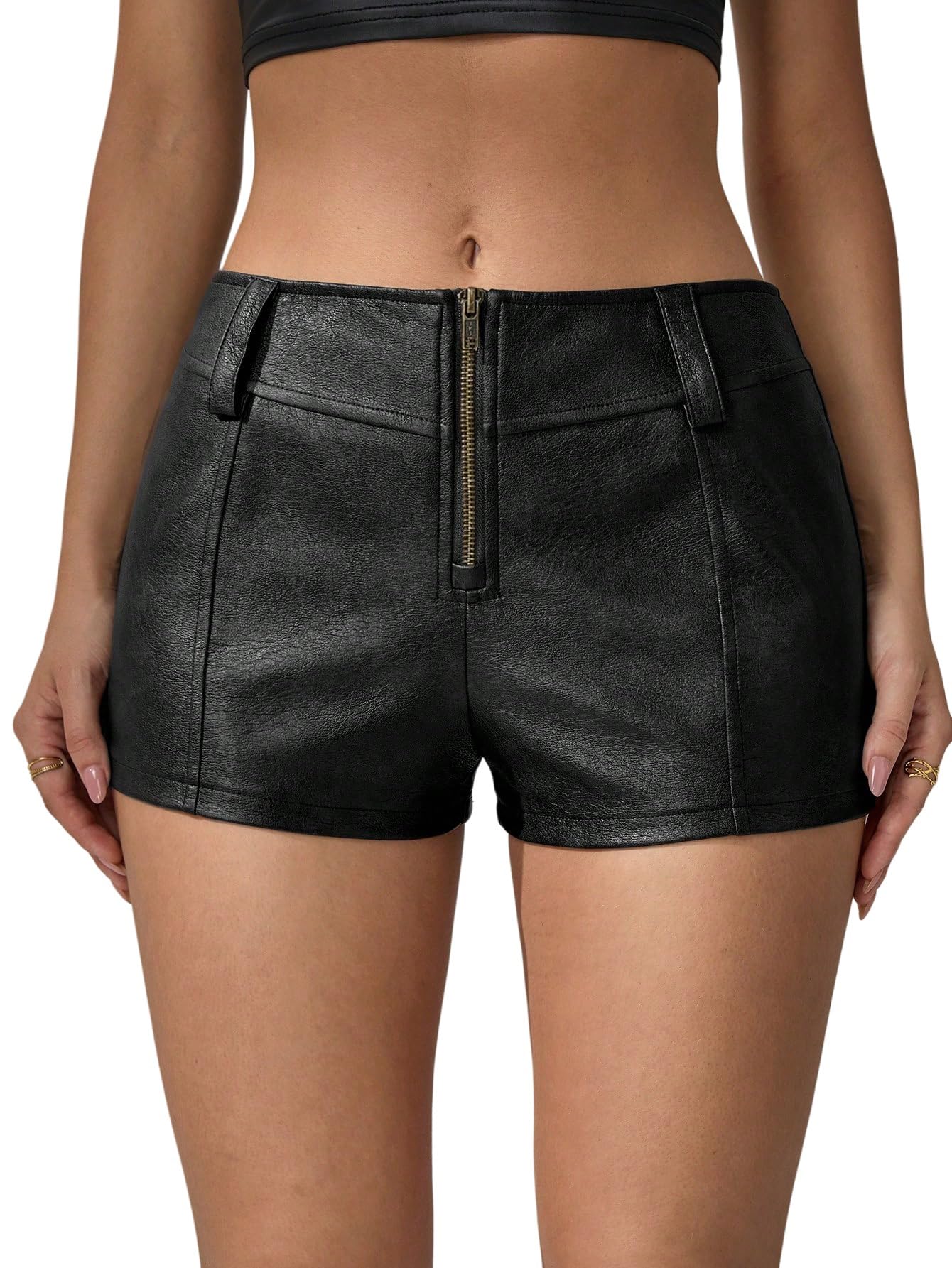 GORGLITTER Pantalones cortos elegantes para mujer, cintura baja, pantalones cortos de piel con cremallera, pantalones cortos, pantalones cortos para el tiempo libre, minipantalones cortos para fiesta
