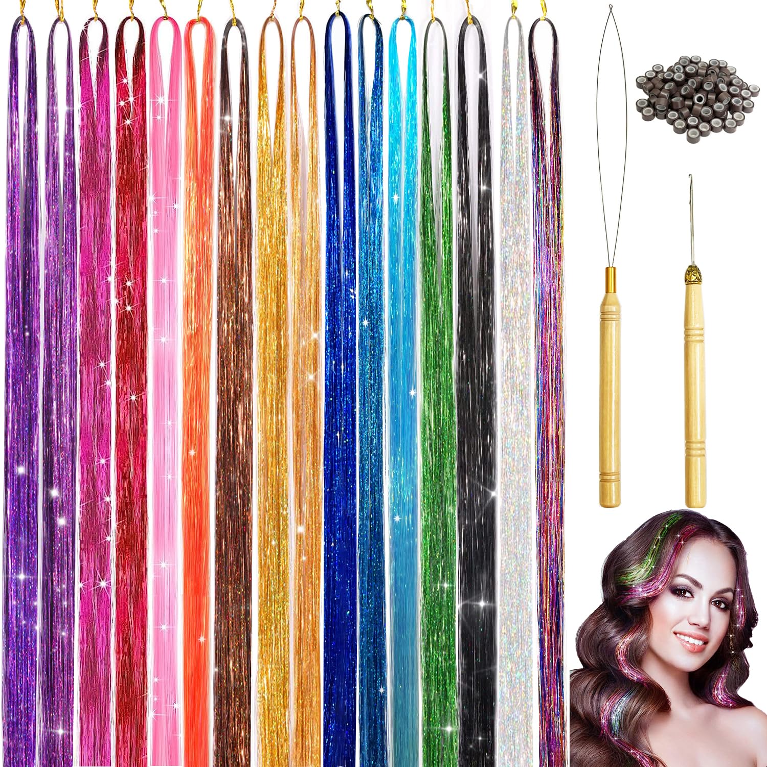 Hair Tinsel Kit, 16 Colors Tinsel Hair Extensions, 48 Inches 3200