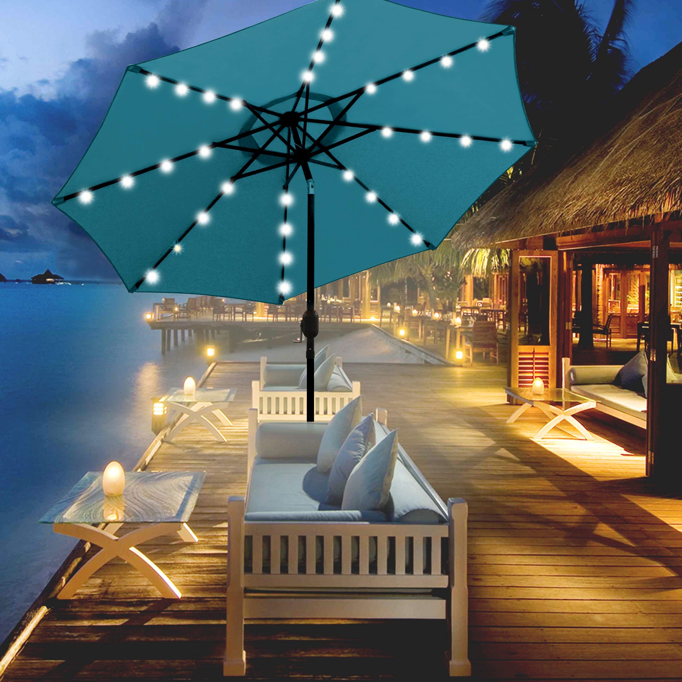 Blissun 9 ft Solar Umbrella 32 LED Lighted Patio Umbrella Table Market Umbrella with Tilt and Crank Outdoor Umbrella for Garden, Deck, Backyard, Pool and Beach (Cerulean)
