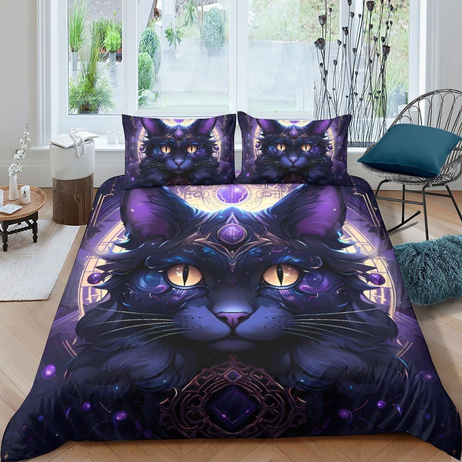 Ctjqhvkz Style-7 3D Printed Mystic Cat Fitted Sheet Microfiber Purple Fantasy Bed Cover For Bedroom Guestroom Mattress Protection Single（135X200cm）