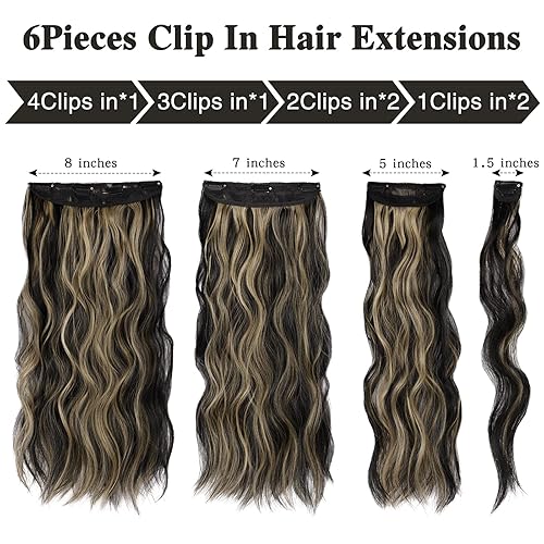 Miniatura 2 de Extensiones de cabello con clip de 20 pulgadas, mezcla de negro, rubio, 6 piezas, largo, ondulado, rizado, para mujer, fibra sintética gruesa