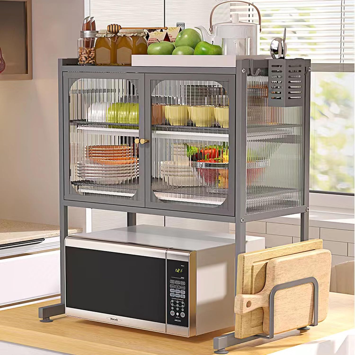 Kitchen Countertop Microwave Oven Rack, Microwave Stand，Microwave Shelf with Storage Cabinet,Suitable for Multifunctional Tableware Storage in Kitchens and Restaurants (grey)