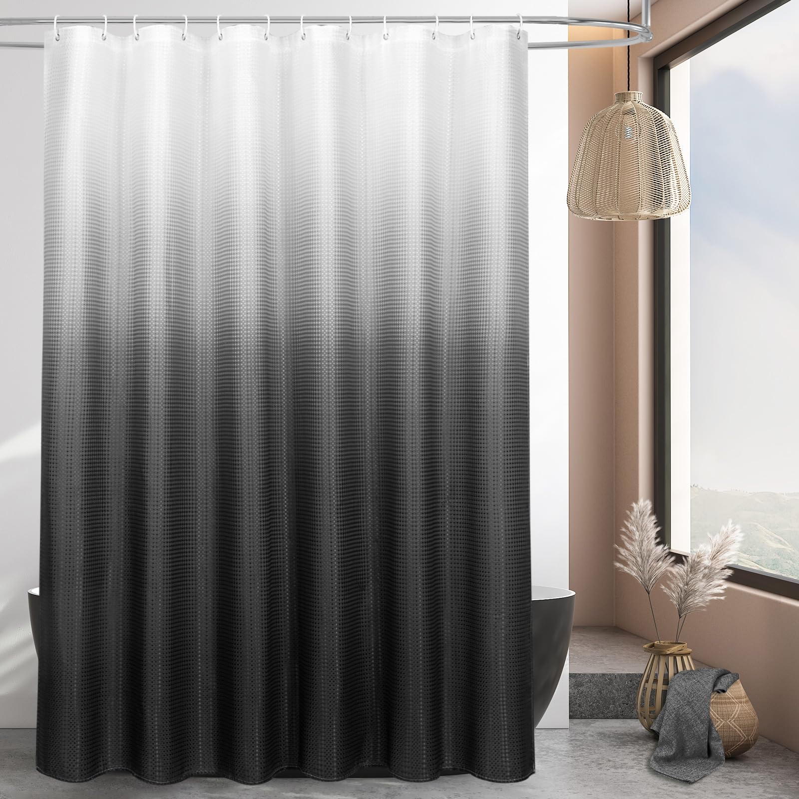 MitoVilla Black White Shower Curtain 72 x 78, Long Waffle Fabric Shower Curtains for Modern Luxury Bathroom Decor, Heavy Duty Hotel Cloth Shower Curtains 78 inch Long, Black Ombre