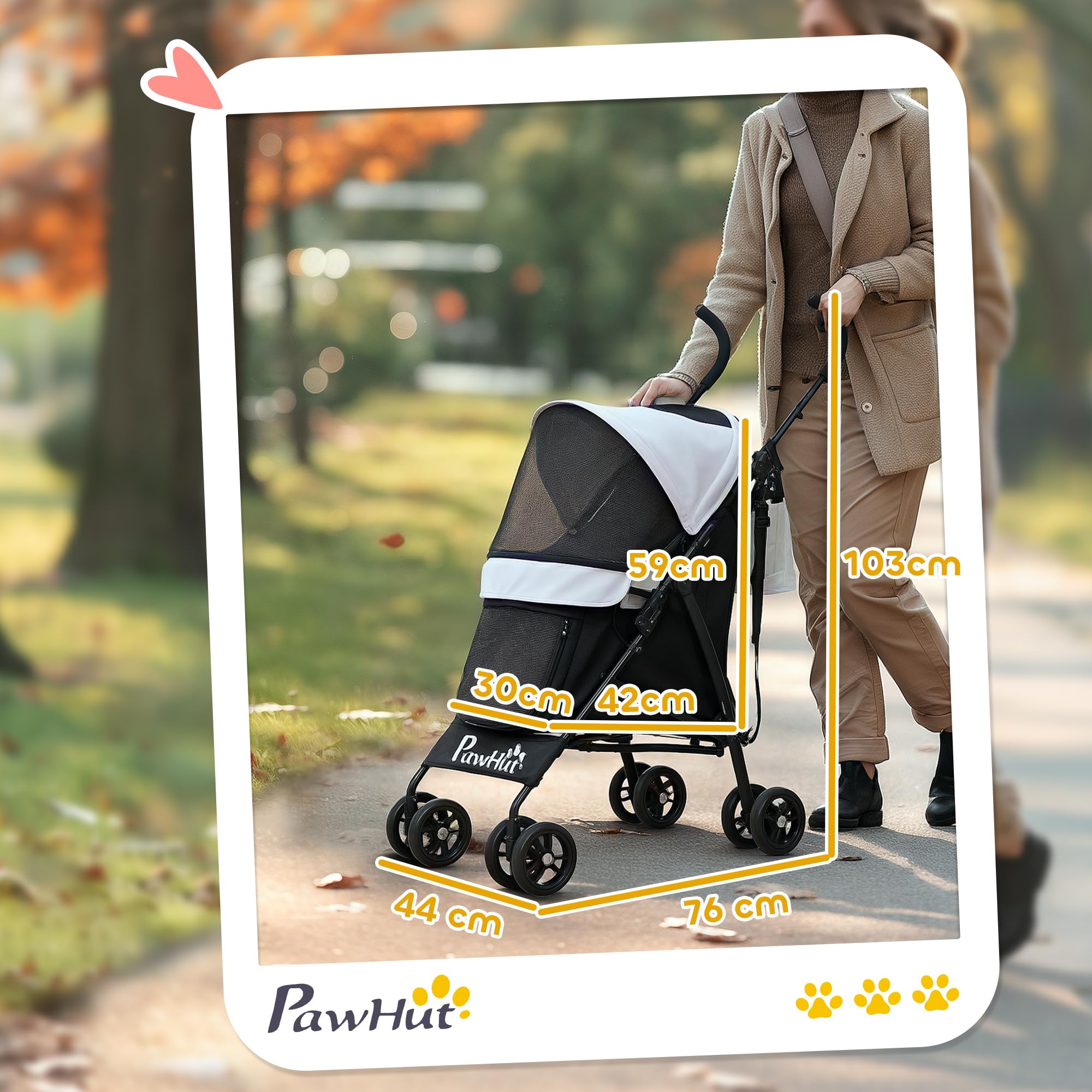 PawHut Poussette chien, poussette pour chien 4 roues, chariot pour chien, structure parapluie, légère, pliable, roues en EVA, sac de rangement, poussette chat charge 4 kg, gris clair
