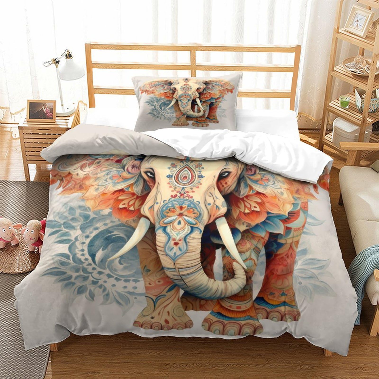 P1S9U7W5Y Boho Artistic 3D Printed Elephant 3 Piece Microfiber Duvet Cover Set Bedroom Decor for Adults Youth Soft Breathable Elephant Bedding Set Single（135x200cm）