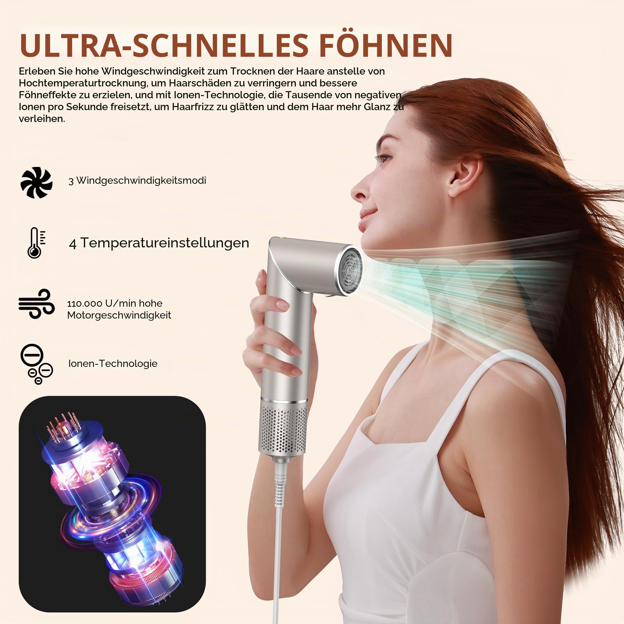 UKLISS 7 in 1 Hairstyler Pro Airstyler Ionen Föhn High-speed Haartrockner Heißluft Lockenwickler Thermal Brush Haarglätterbürste Warmluftbürste Föhnbürste Stylingbürsten Hair Styler, Champagnergold