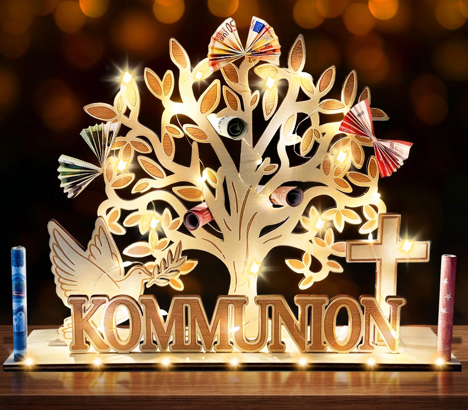 Kommunion Geschenke für Mädchen Jungen, Holz Geldgeschenk Kommunion/Erstkommunion mit LED Lichterkette, Kommunionsgeschenke Geschenk Erstkommunion Mädchen Junge, Tischdeko Kommunion/Erstkommunion Deko