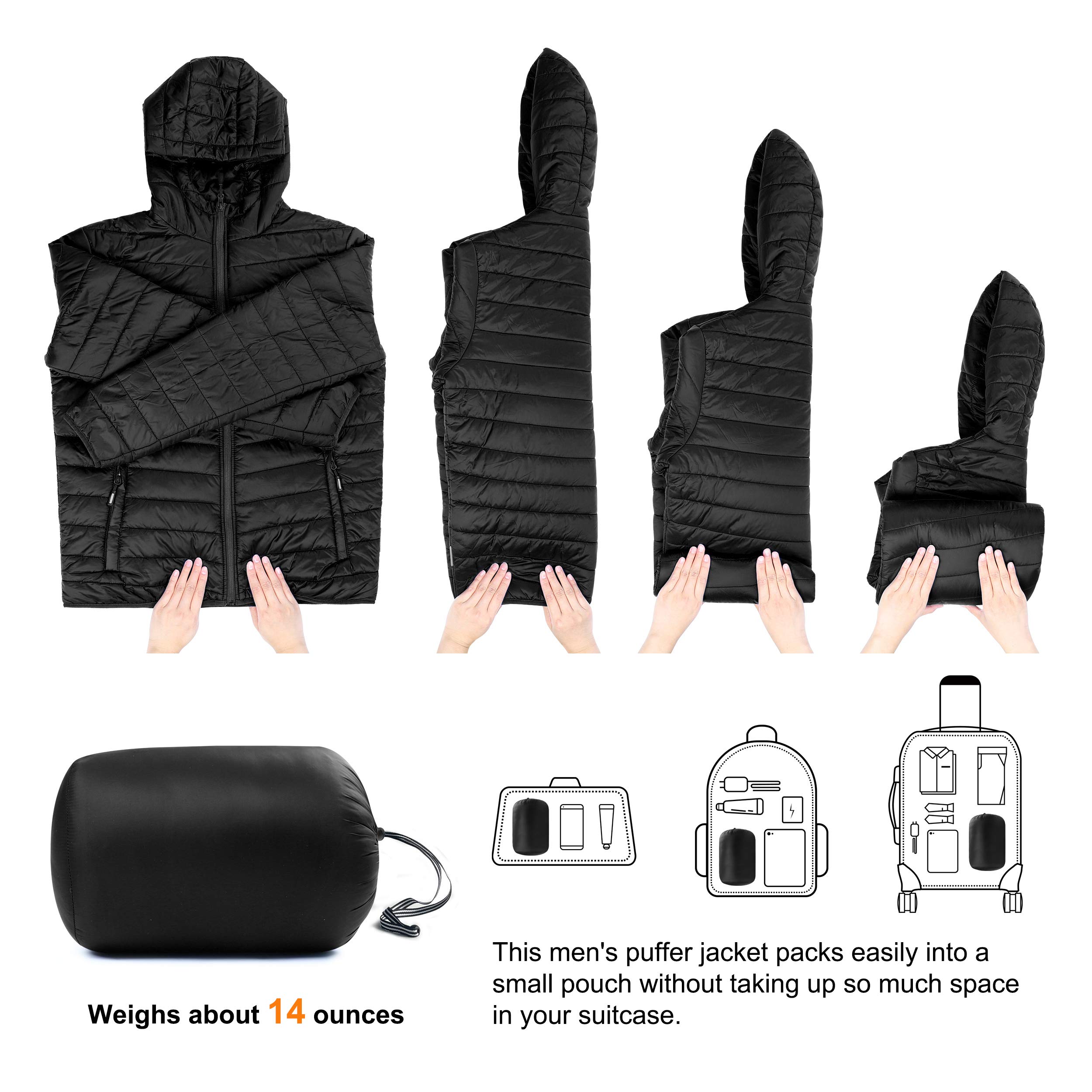 Outdoor Ventures Piumino da uomo leggero ripiegabile con cappuccio Cappotto invernale isolato per sci da neve e viaggi, Nuovo nero (piega nella borsa), XX-Large