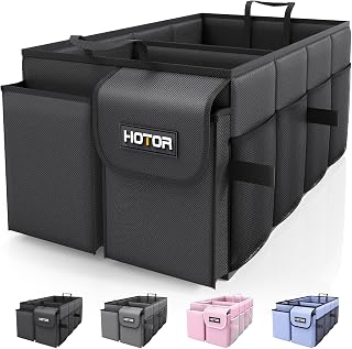 HOTOR Foldable Trunk Organizer for SUV Sedan - Sturdy 2-Compartment Car Storage with Mesh Pockets, Black 21.3x12.6x10.6"