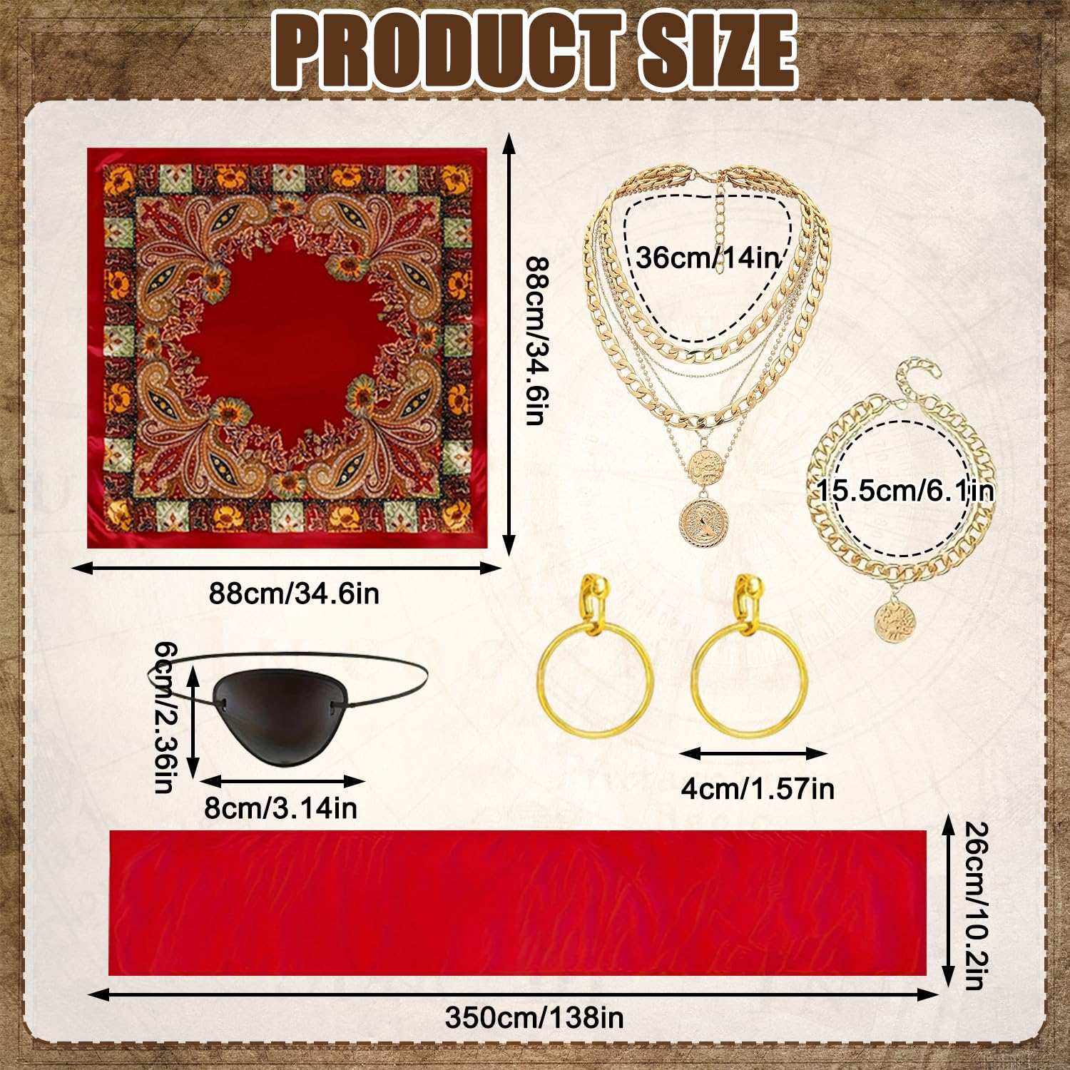 Kit Accessoires Pirate 6 Pièces – Bandana, Cache-Œil, Collier, Ceinture – Costume Pour Carnaval & Cosplay