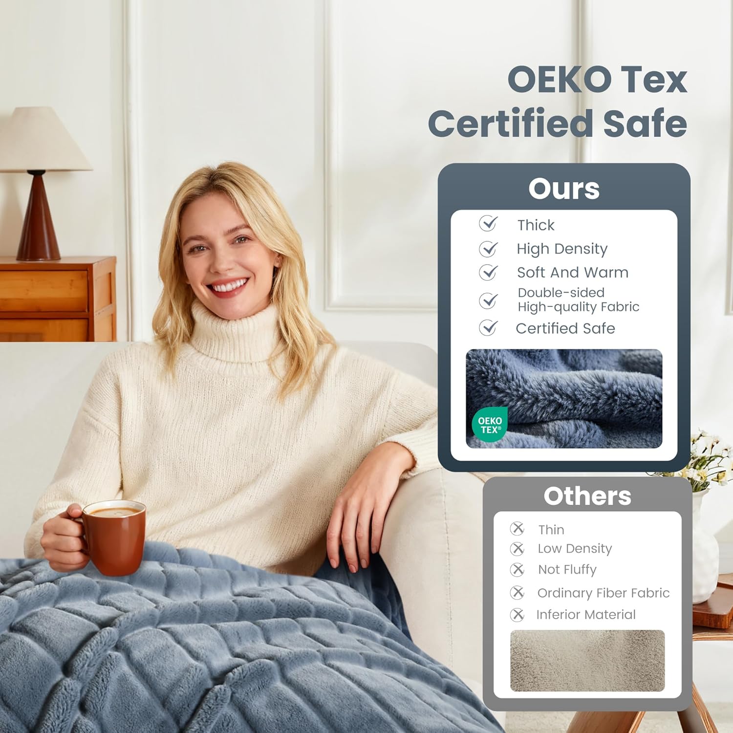 Sophia & William Blue Faux Rabbit Fur Throw Blanket, Micro Mink Dual-Sided Cozy Soft Blankets, Plush Fuzzy Fluffy Blanket for Couch Bed Sofa, Machine Washable, 60" x 80" - Image 4