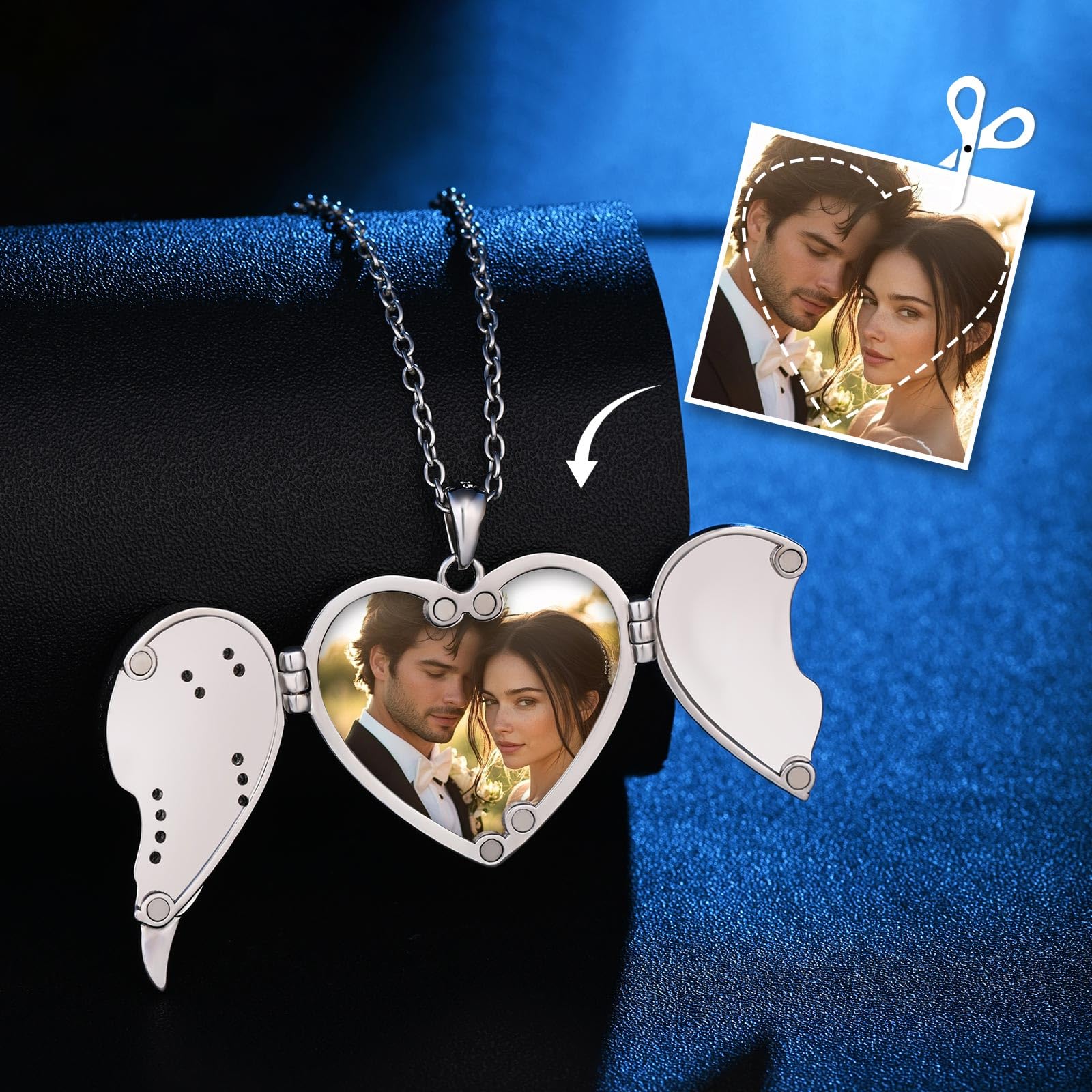 Collana Medaglione Foto Ciondolo a Cuore con Ali in Argento 925, Gioielli di Memoria Personalizzata Portafoto con incisione per Donna