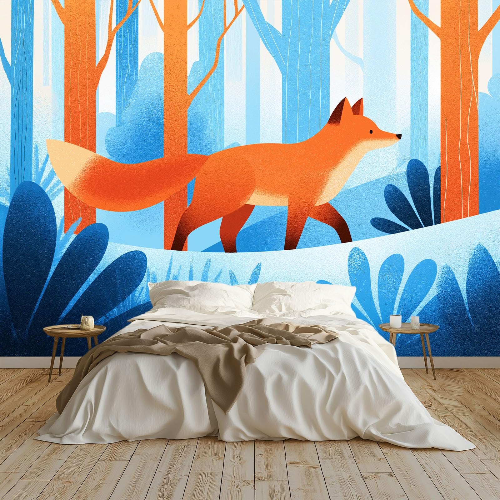 Animaux De Bande Dessinée Renard De La Forêt Murale Photo Papier Peint 350 x 256 cm Intissé Tableaux Poster Mural Tapisserie, Bleu Papier Peint Panoramique Salon Maison Décorative Tenture Appartement