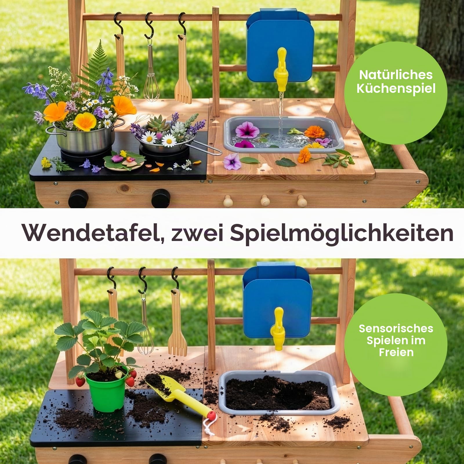 OOOK Matschküche Kinder Outdoor mit Rädern, Outdoorküche Kinder aus Holz | Multifunktionales Gartenspielküche Outdoor aus Tannenholz, für Jungen und Mädchen ab 3 Jahren, Vollständiges Zubehör Set