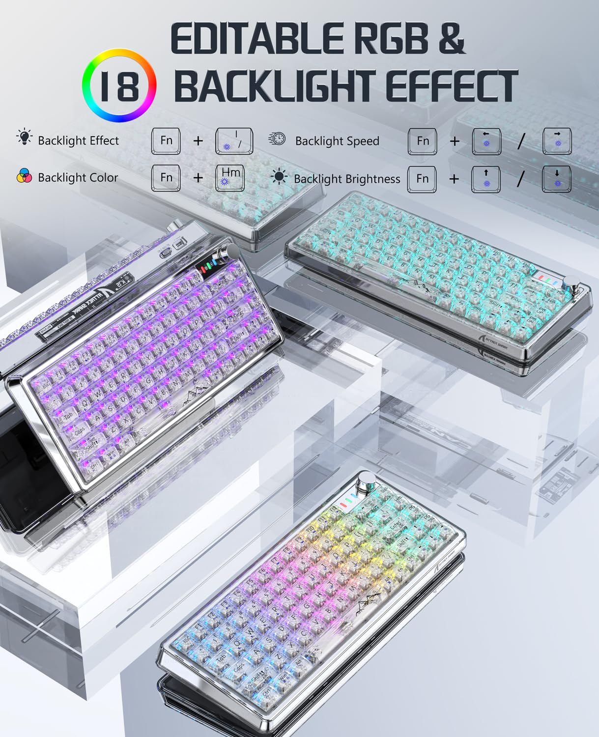ATTACK SHARK K75 75% TKL Mecánico Teclado de Juego, BT5.0/2.4G/USB-C RGB, Teclado de Junta Transparente Personalizable con Perilla,Interruptor Lineal de Intercambio en Caliente, 4000 mAh-Blanco