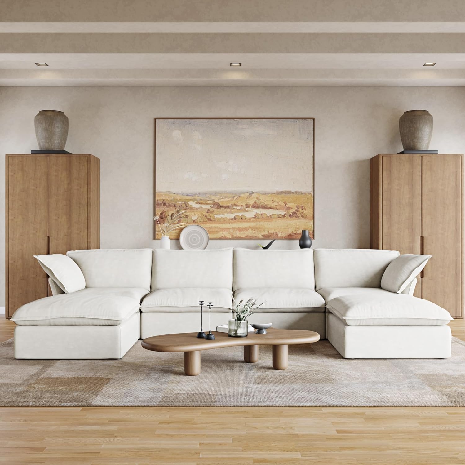 163" U-Shaped Convertible Modular Sectional Sofa, Down Filled Comfort Overstuffed Velvet Upholstered, 4-Seater and 2 Ottoman, Oversized Sofa Couch for Living Room Apartment, White U-Shape White