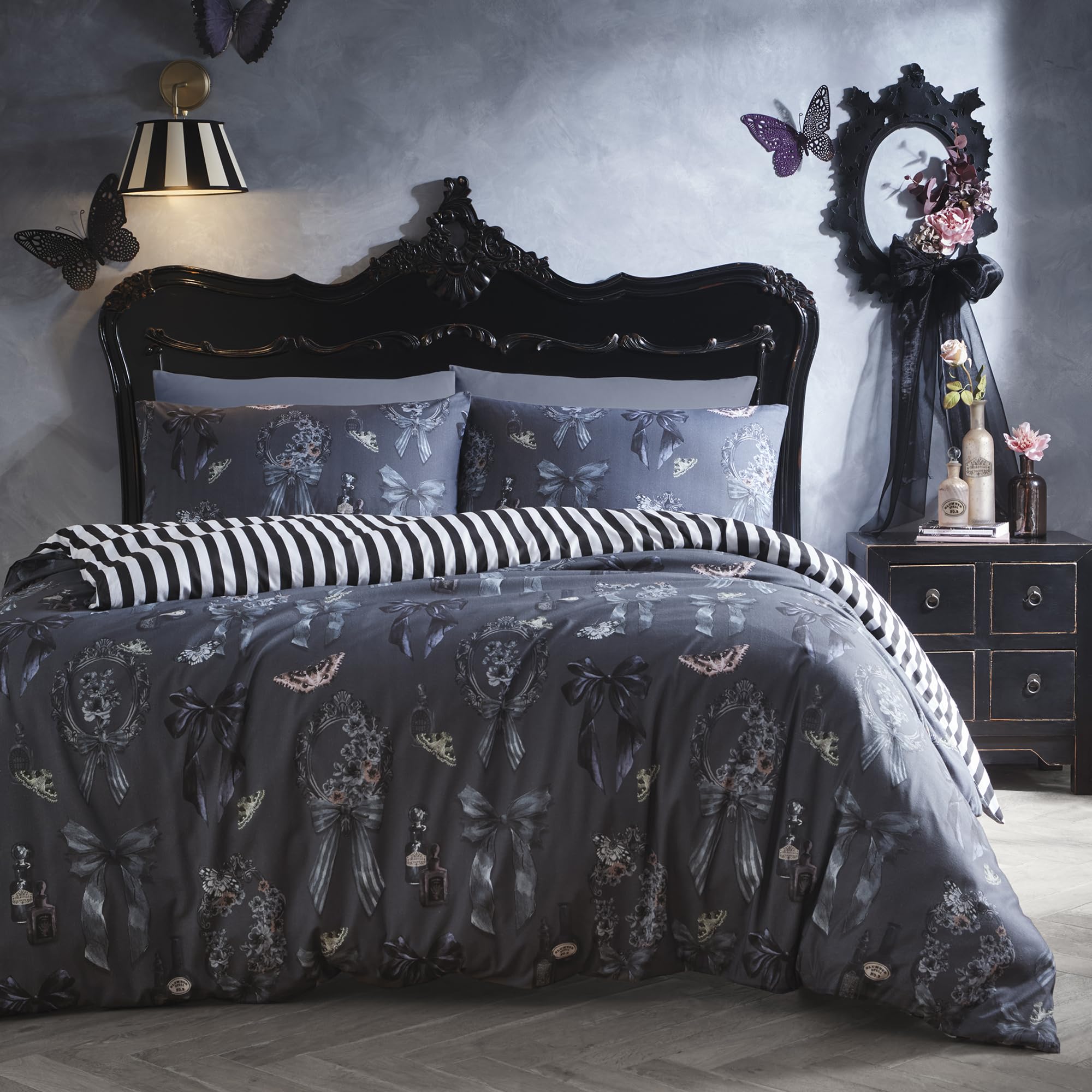 Fusion Bows Noir Halloween Duvet Cover Set Single 140 x 200cm – Grey Polycotton Easy Care Bedding with Bows Noir Print, Includes 1 Pillowcase