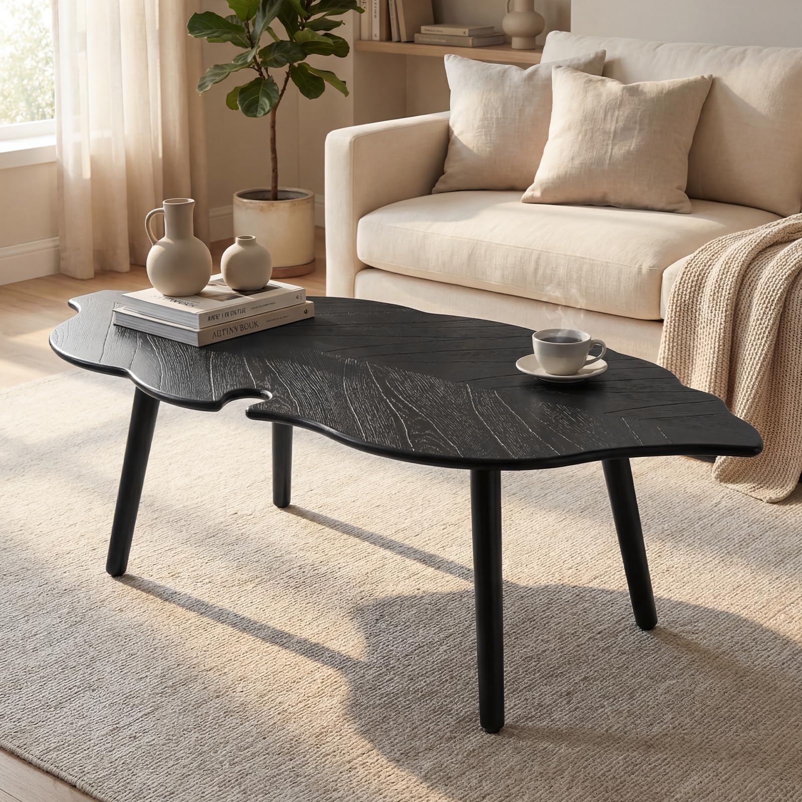 DUOMAY Mid-Century Modern Leaf-Shaped Coffee Table Solid Wood Coffee Table for Living Room Wooden Center Table with Black