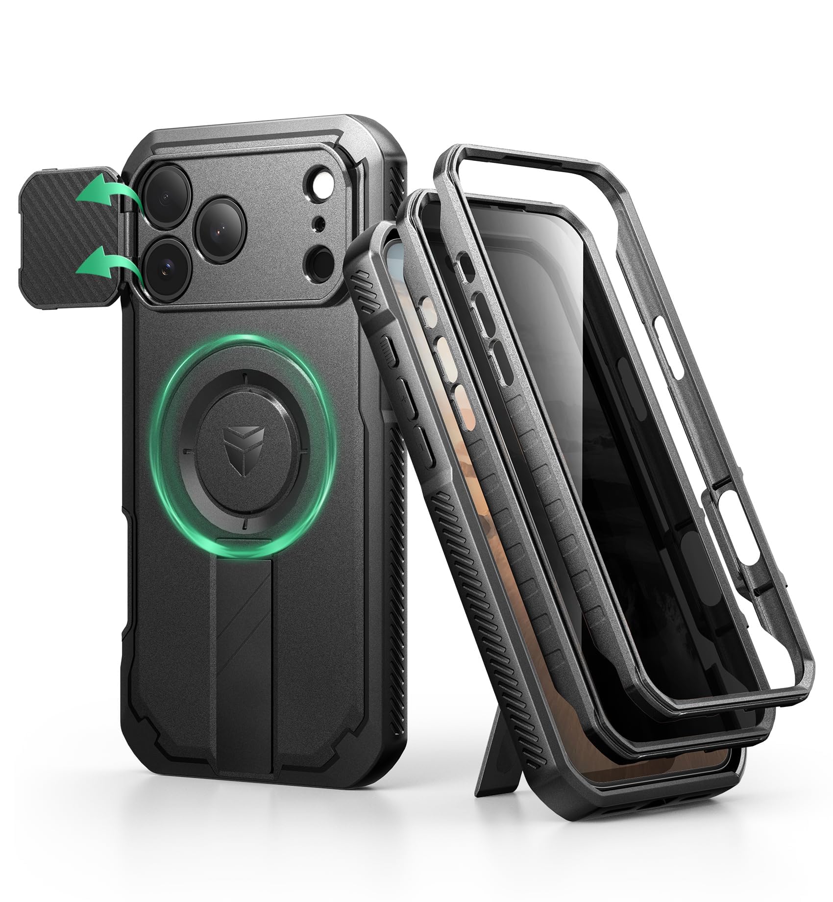 Dexnor Funda para iPhone 2026 Pro/17 Pro, con Cubierta de Cámara, Soporte, Protector de Pantalla y 2 Marcos Frontales, Compatible con MagSafe - Negro